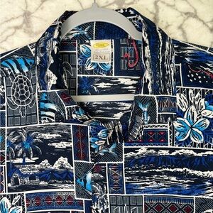 RIMA Hawaiian Shirt Men's XXL Blue Tropical Wildlife Turtles Fish Short Sleeved
